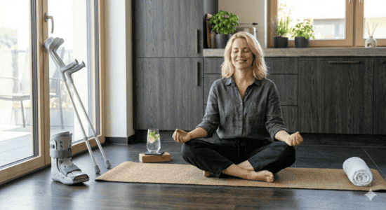 Frau auf Yoga Matte mit Krücken