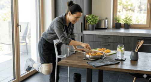 Frau steht mit Krücken am Esstisch und bereitet Essen zu