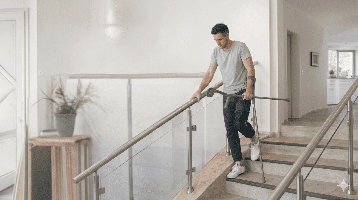 Mann steigt sicher Treppe mit Krücken hinunter