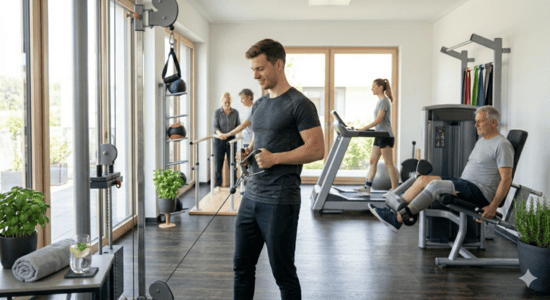 Reha Gruppe im Studio und trainiert